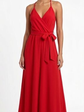 Dream Of Me Red Faux Wrap Maxi Dress with Waist Tie Small Large